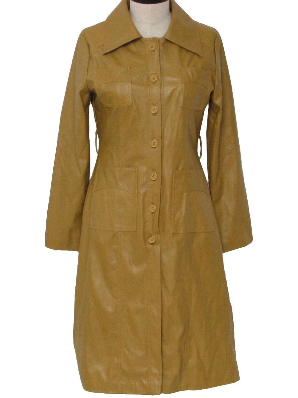 Vintage 80s Camel Faux Leather Trench Coat Jacket Women's Small by Jennyfer
